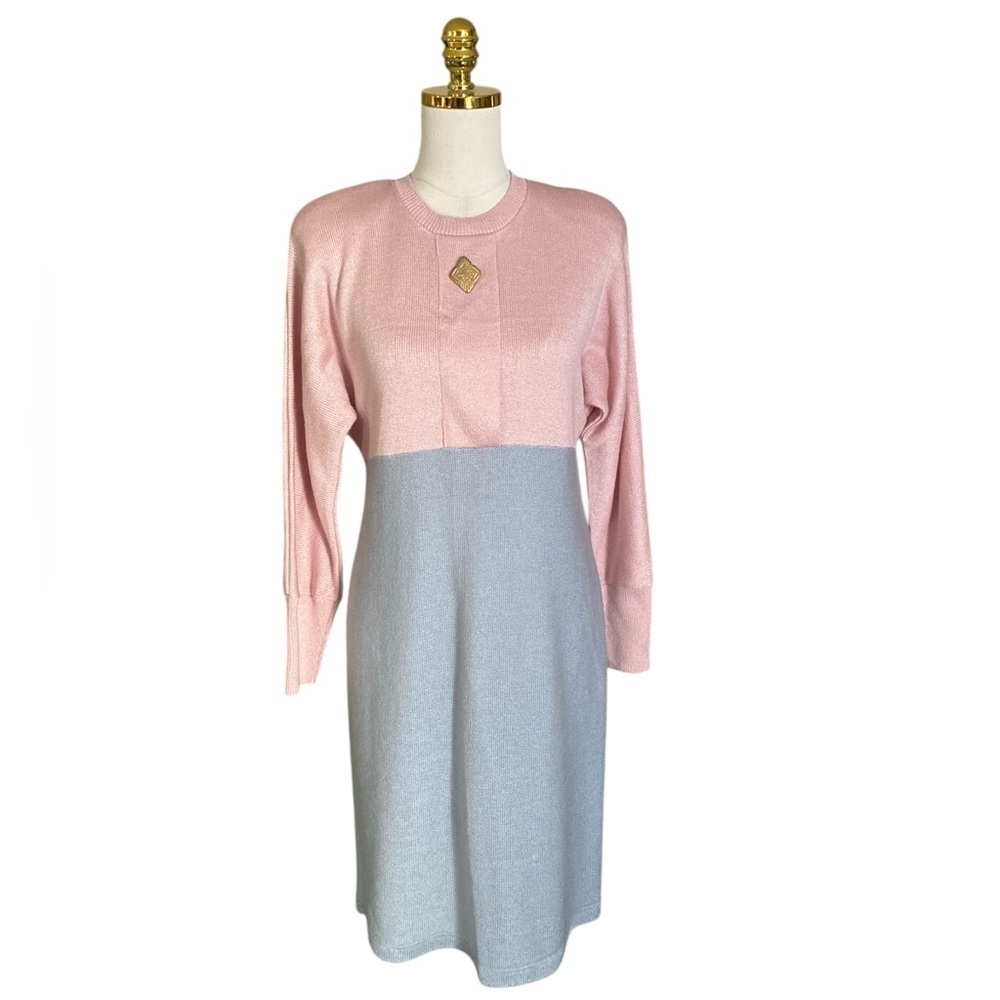 Ami Knits Women Vintage Pink & Grey Colorblock Long Sleeve Knit Dress Size 8